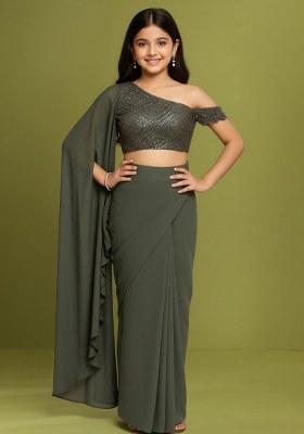 Girls Green Embellished Net Fusion Set