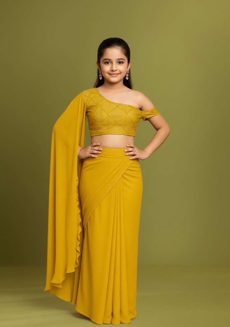 Girls Yellow Embellished Net Fusion Set - Indya