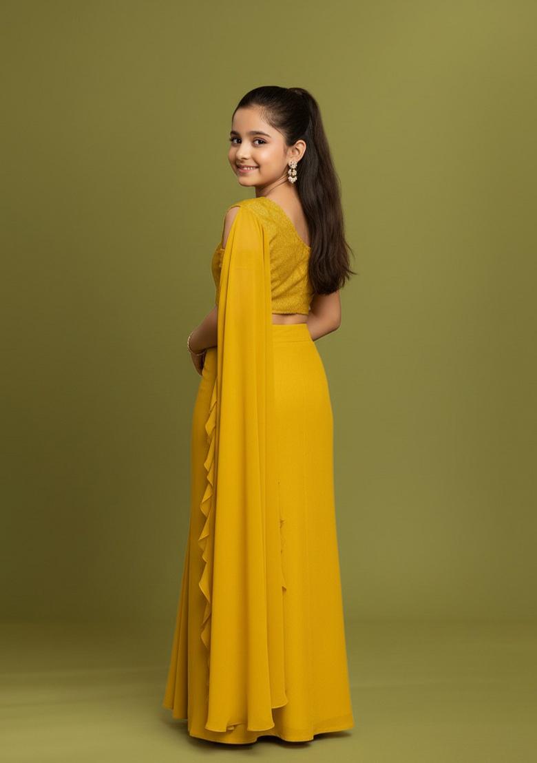 Girls Yellow Embellished Net Fusion Set - Indya