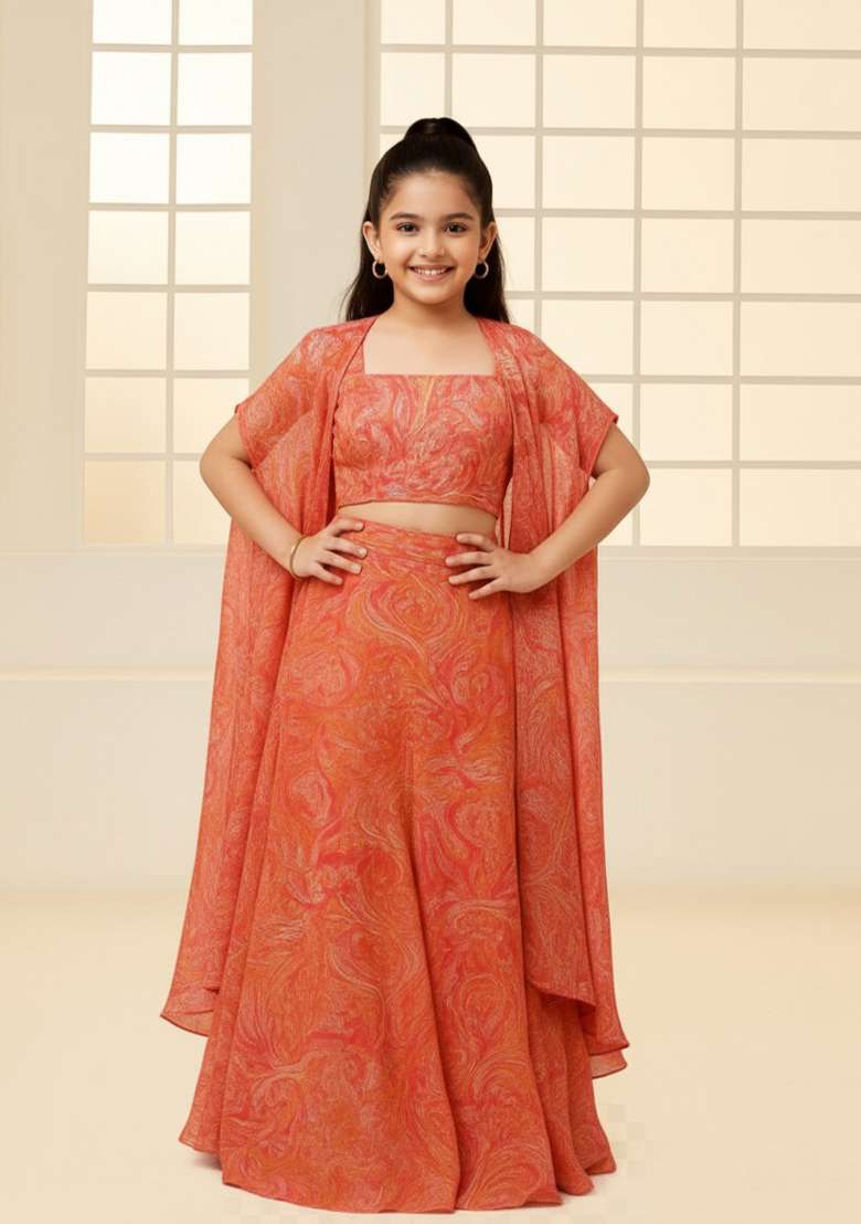 Girls Peach Floral Print Crepe Fusion Set - Indya
