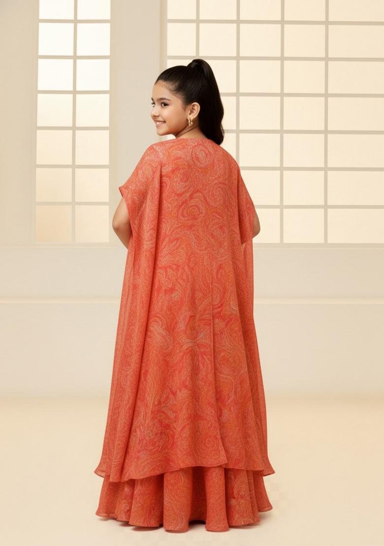 Girls Peach Floral Print Crepe Fusion Set - Indya