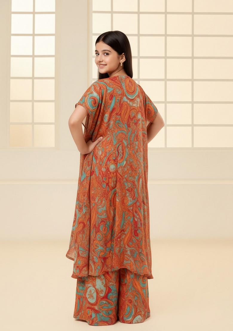 Girls Multicolor Floral Print Crepe Fusion Set - Indya