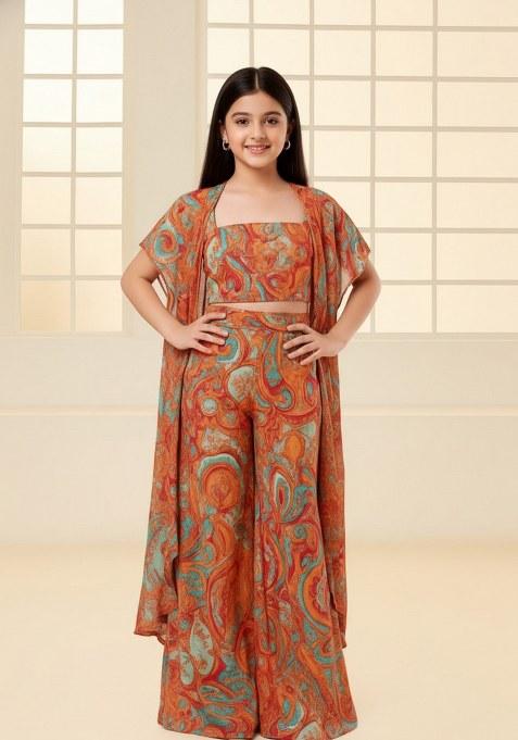 Girls Multicolor Floral Print Crepe Fusion Set