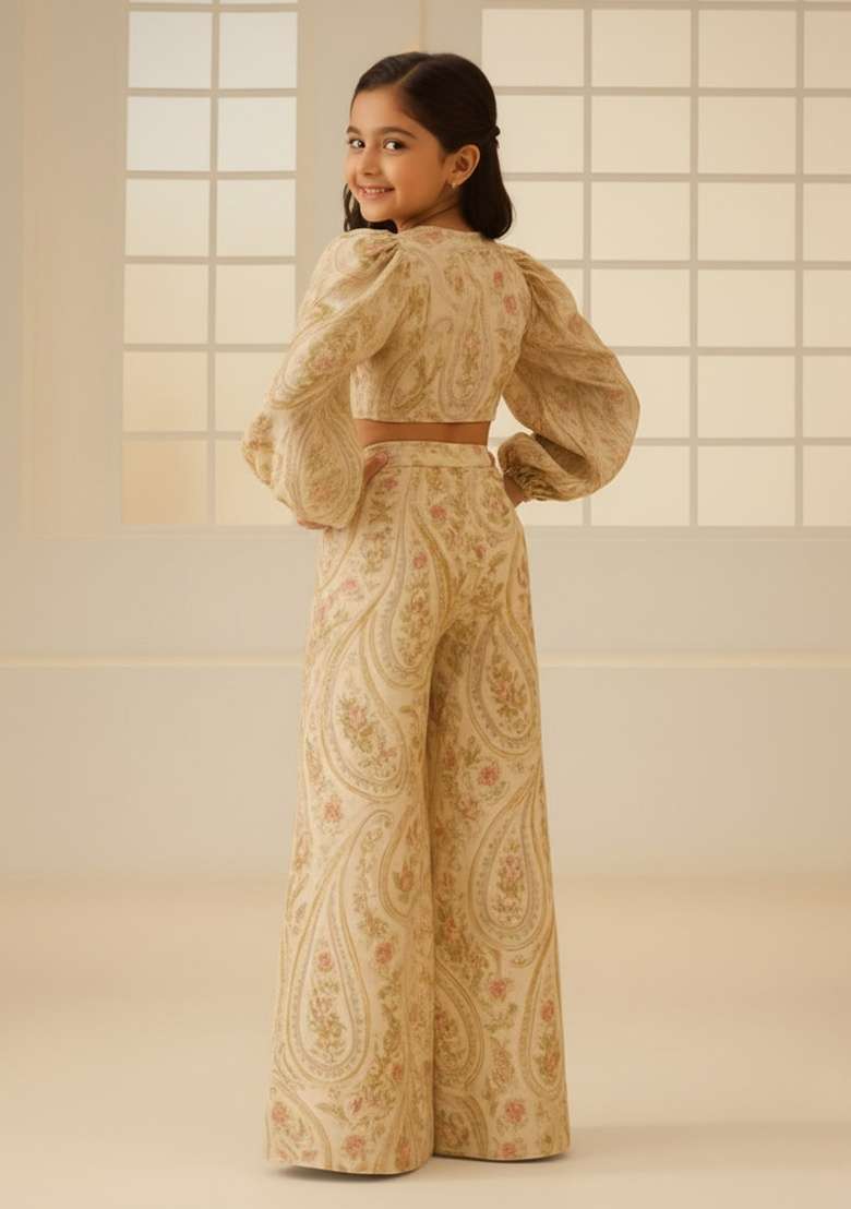 Girls Beige Embroidered Cotton Fusion Set - Indya
