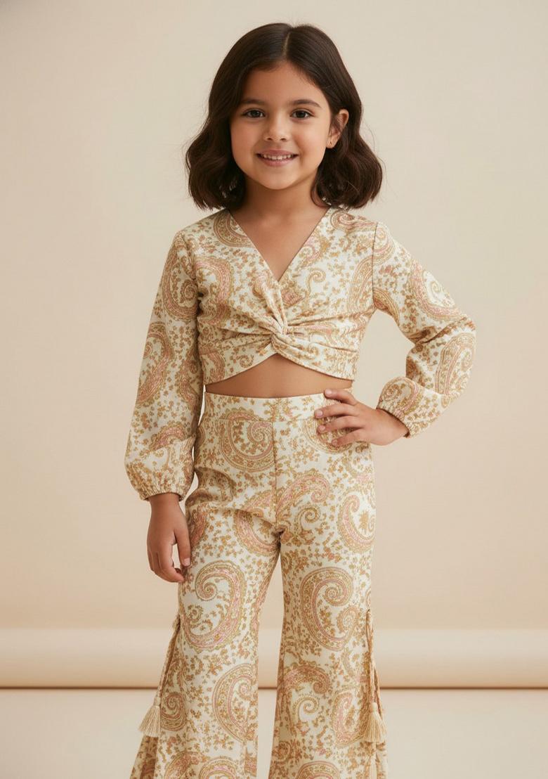 Girls Beige Embroidered Cotton Fusion Set - Indya