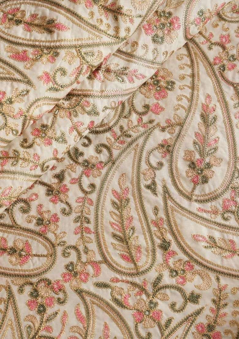 Girls Beige Embroidered Cotton Fusion Set - Indya
