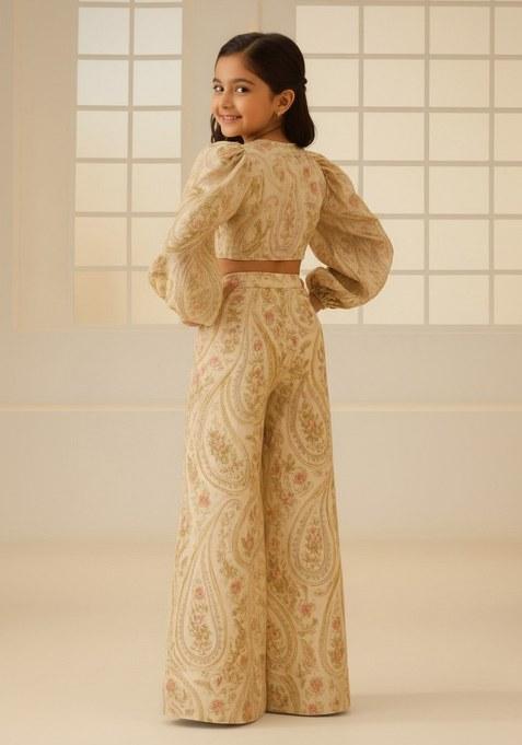 Girls Beige Embroidered Cotton Fusion Set