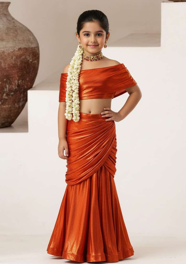 Girls Red Solid Satin Georgette Fusion Set - Indya
