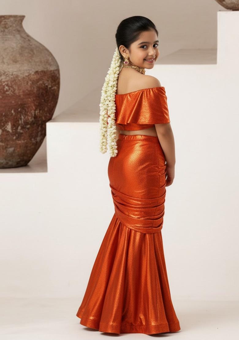 Girls Red Solid Satin Georgette Fusion Set - Indya