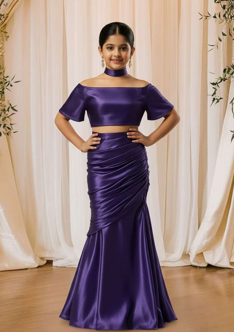 Girls Purple Solid Satin Georgette Fusion Set - Indya