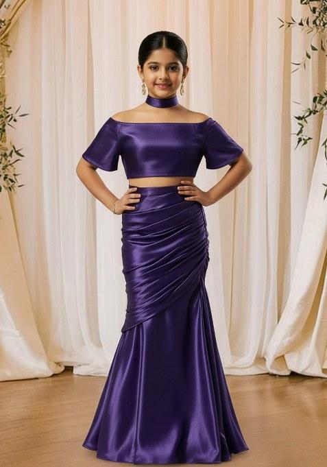 Girls Purple Solid Satin Georgette Fusion Set