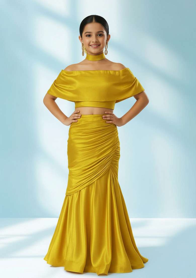 Girls Yellow Solid Satin Georgette Fusion Set - Indya