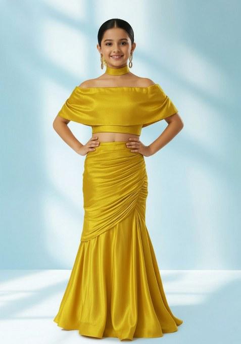 Girls Yellow Solid Satin Georgette Fusion Set