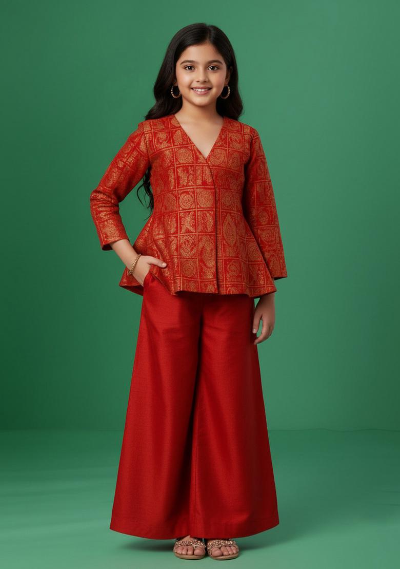 Girls Red Brocade Sharara Set