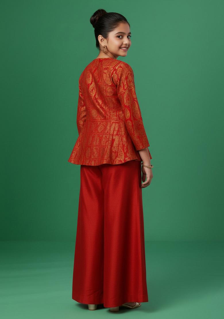 Girls Red Brocade Sharara Set - Indya