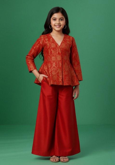 Girls Red Brocade Sharara Set