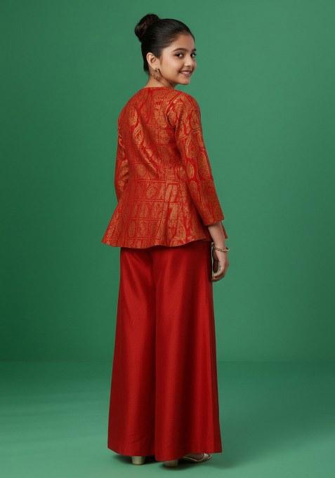 Girls Red Brocade Sharara Set