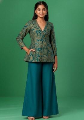 Girls Turquoise Blue Brocade Sharara Set