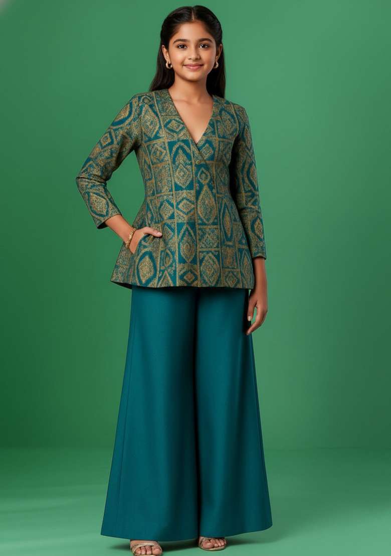 Girls Turquoise Blue Brocade Sharara Set - Indya