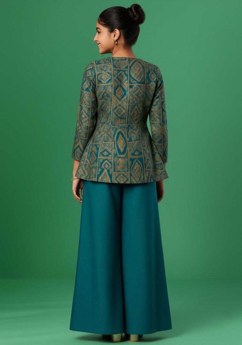 Girls Turquoise Blue Brocade Sharara Set - Indya
