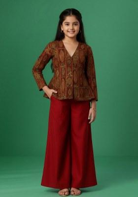 Girls Maroon Brocade Sharara Set