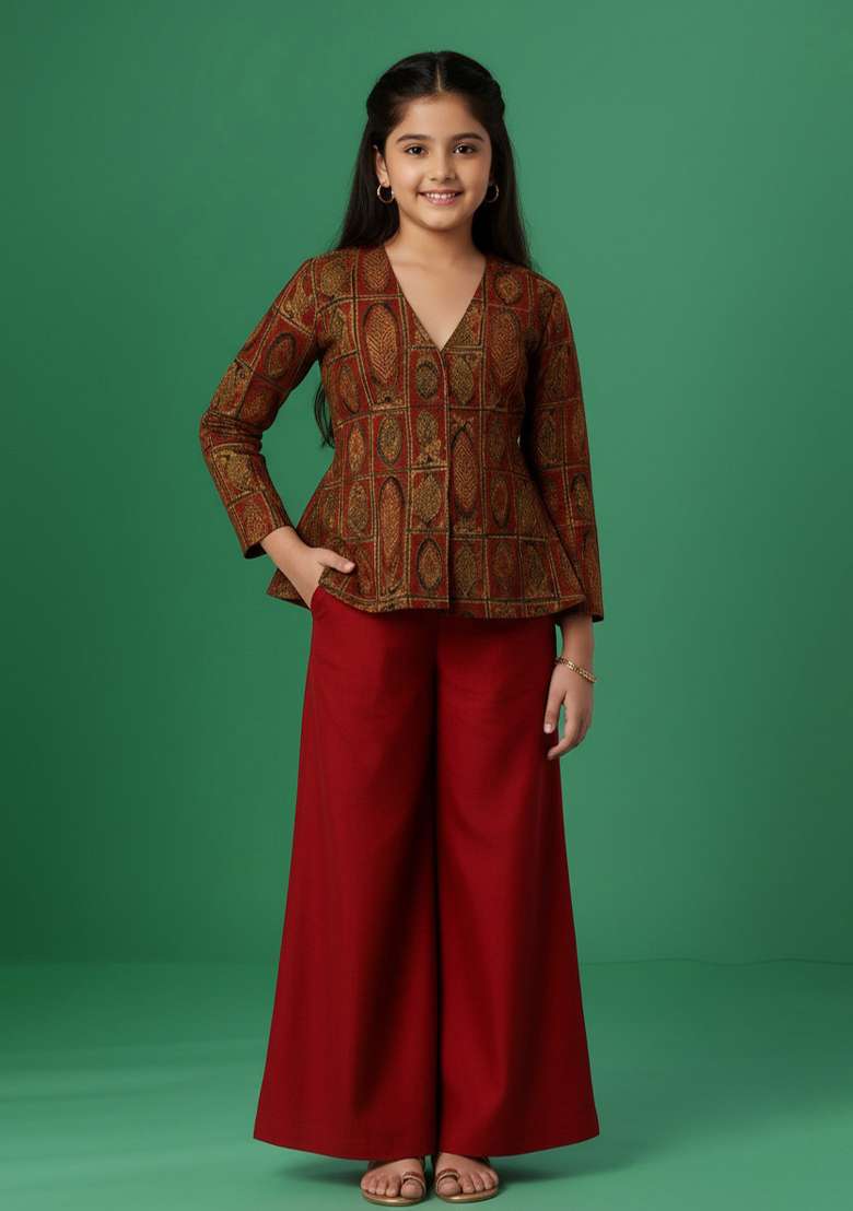 Girls Maroon Brocade Sharara Set - Indya
