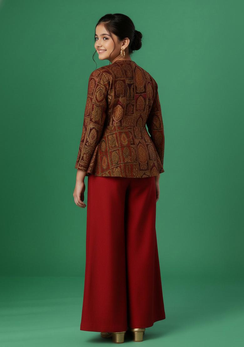 Girls Maroon Brocade Sharara Set - Indya