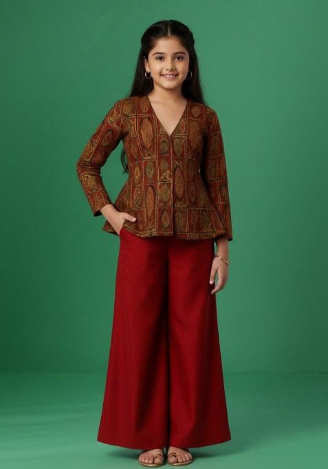 Girls Maroon Brocade Sharara Set
