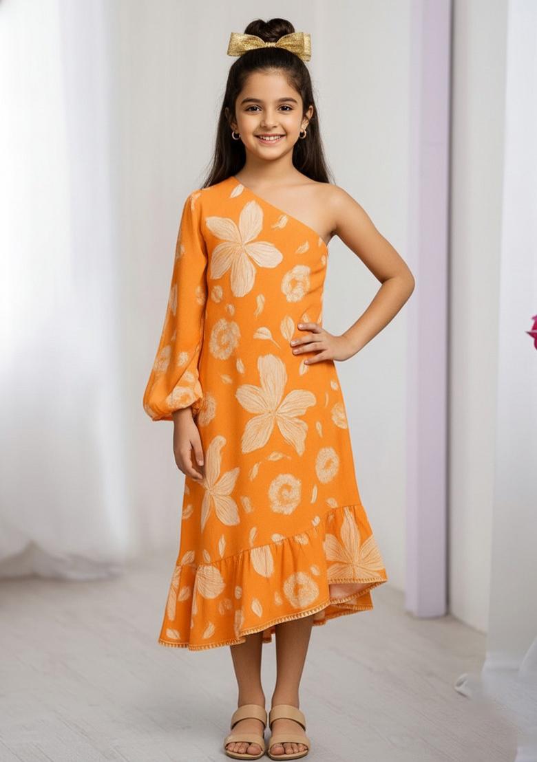 Girls Orange Floral Print Georgette Dress
