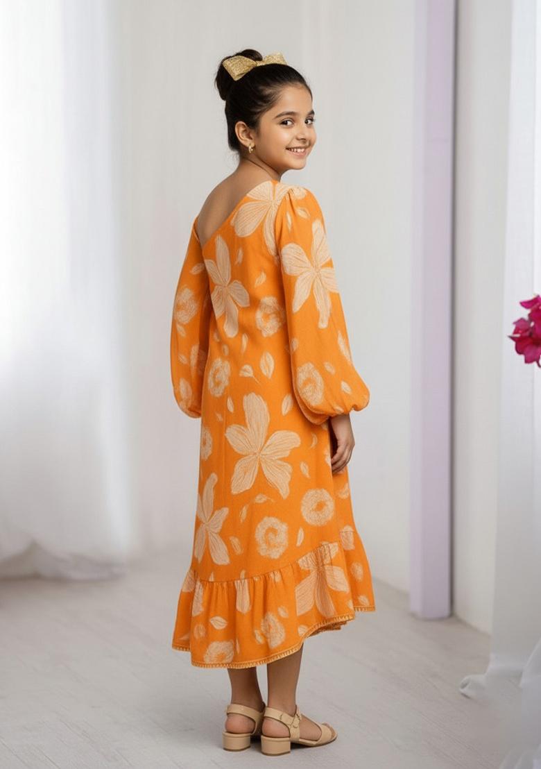 Girls Orange Floral Print Georgette Dress