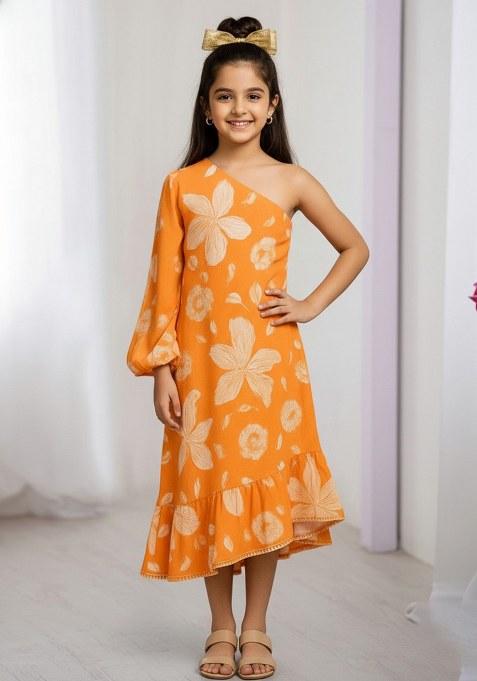 Girls Orange Floral Print Georgette Dress