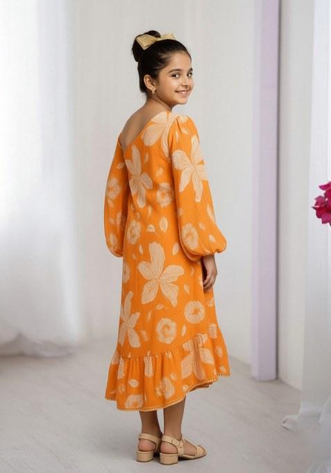 Girls Orange Floral Print Georgette Dress