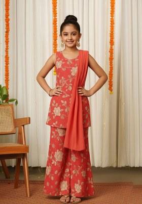Girls Peach Floral Print Satin Fusion Set