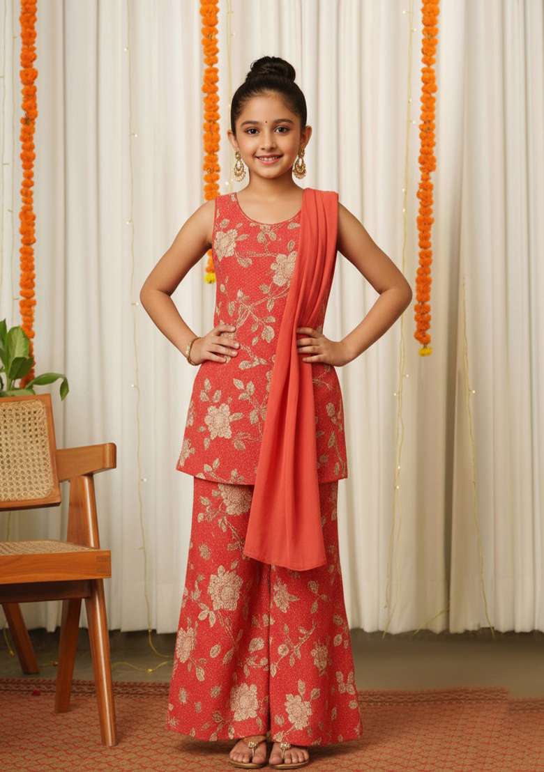 Girls Peach Floral Print Satin Fusion Set - Indya
