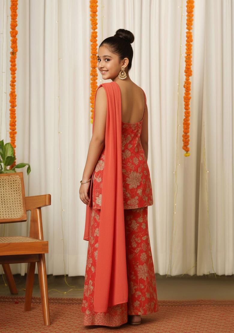 Girls Peach Floral Print Satin Fusion Set - Indya
