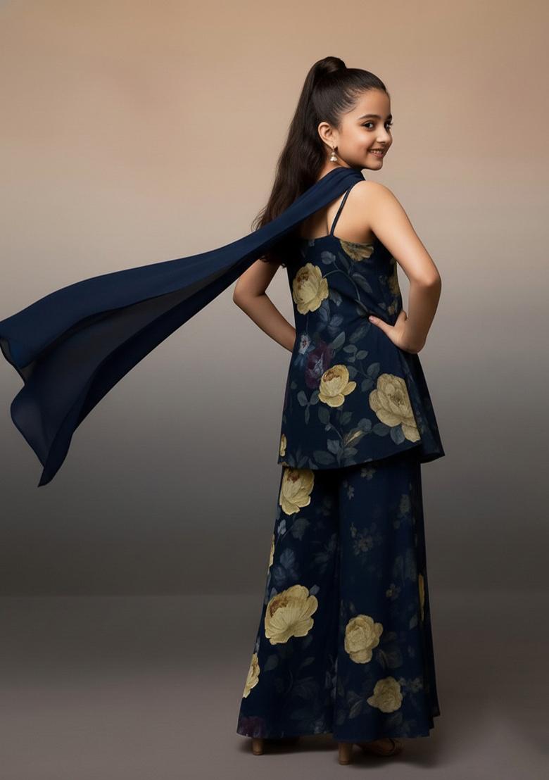 Girls Blue Floral Print Satin Fusion Set - Indya