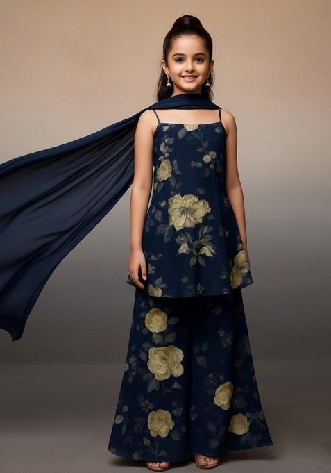 Girls Blue Floral Print Satin Fusion Set