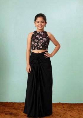 Girls Black Floral Print Satin Fusion Set