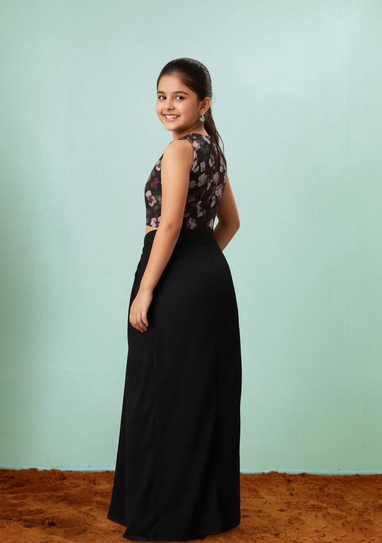 Girls Black Floral Print Satin Fusion Set - Indya