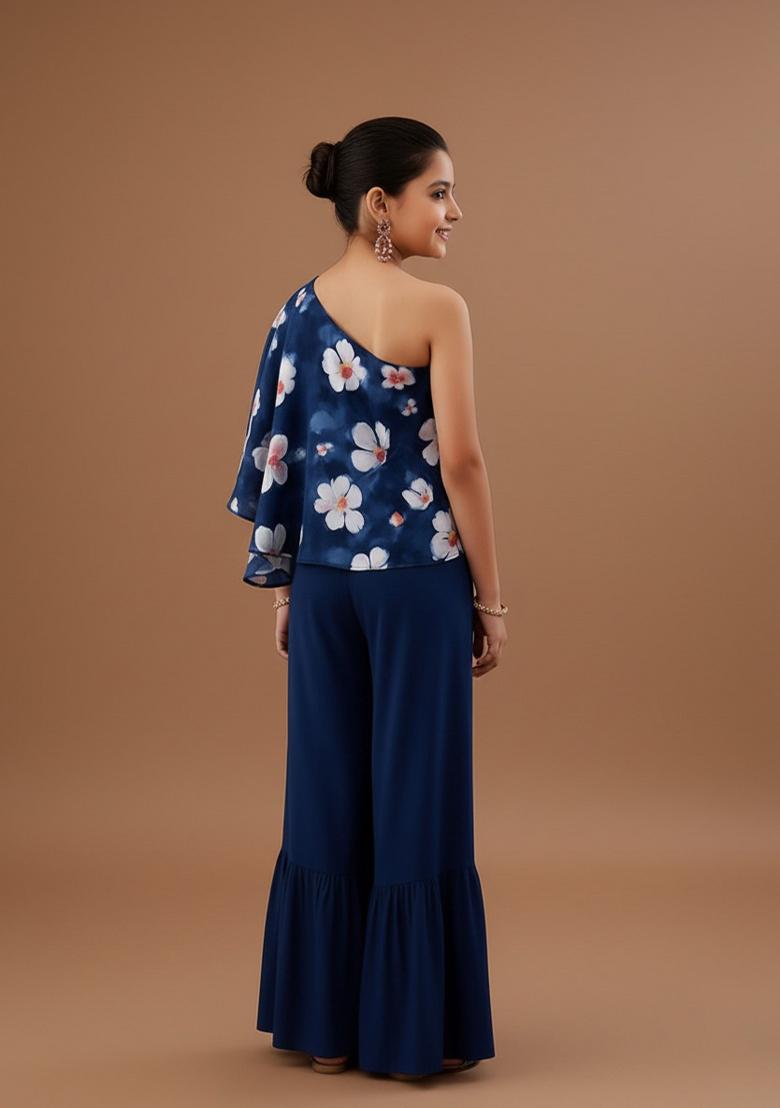 Girls Blue Floral Print Satin Fusion Set - Indya