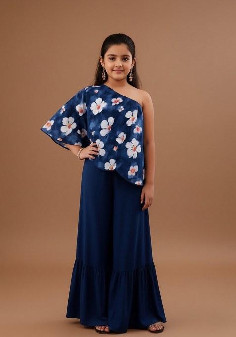Girls Blue Floral Print Satin Fusion Set