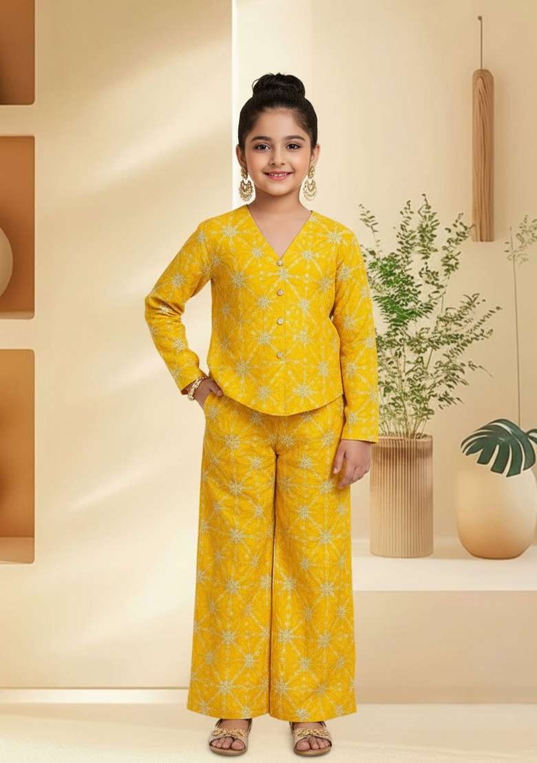 Girls Yellow Embroidered Silk Fusion Set - Indya