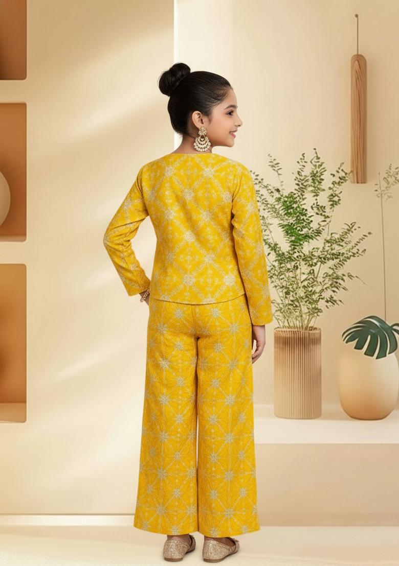 Girls Yellow Embroidered Silk Fusion Set - Indya