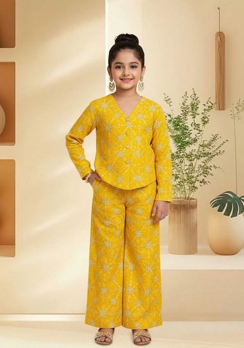Girls Yellow Embroidered Silk Fusion Set