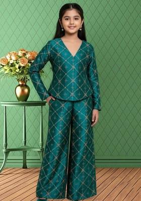 Girls Green Embroidered Silk Fusion Set