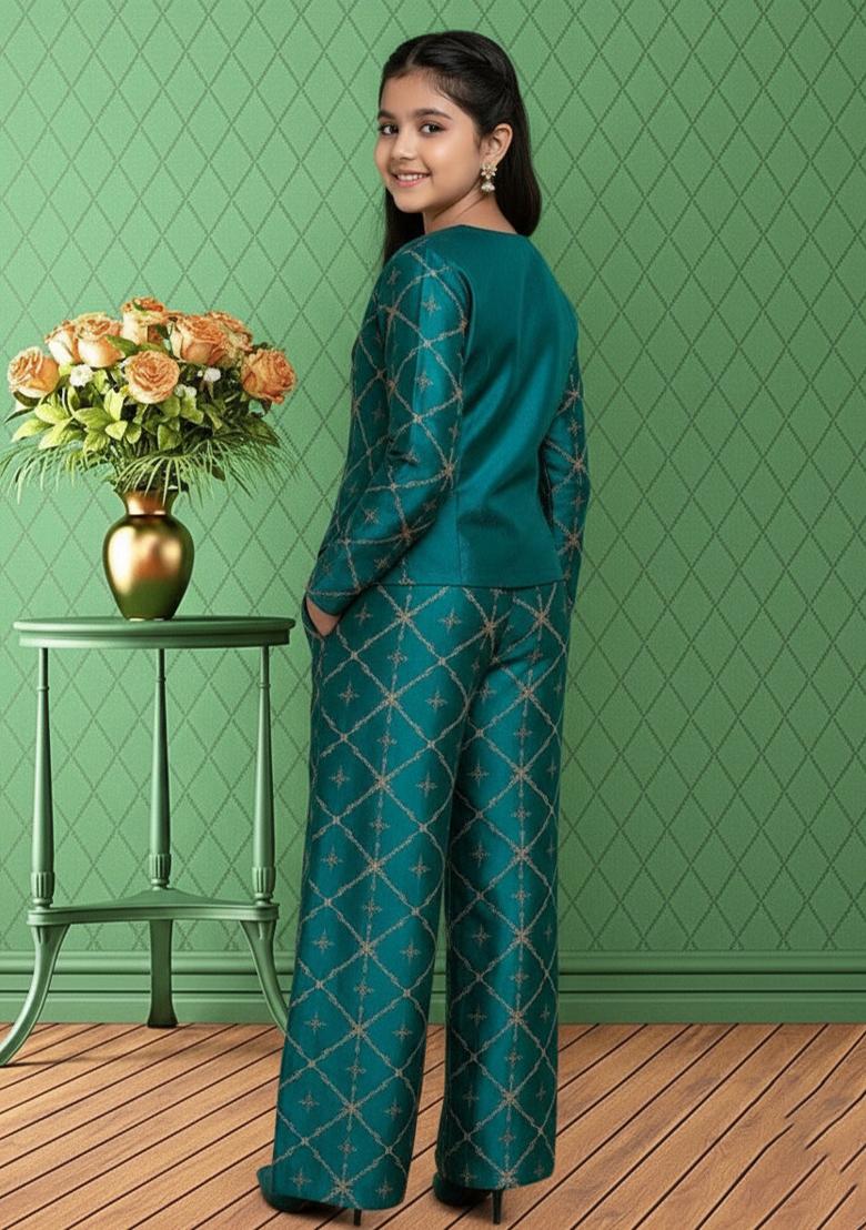 Girls Green Embroidered Silk Fusion Set - Indya