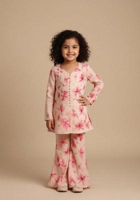 Girls Peach Floral Print Georgette Fusion Set