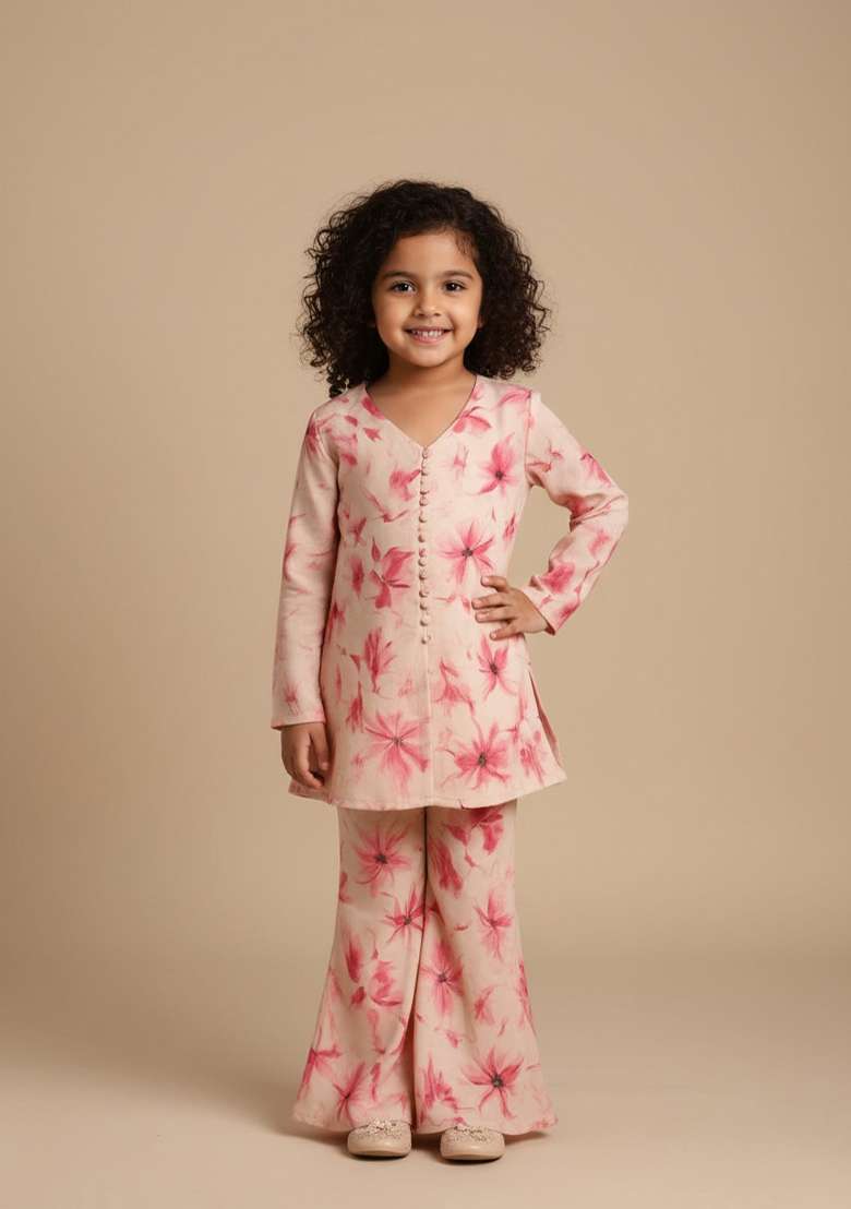 Girls Peach Floral Print Georgette Fusion Set - Indya