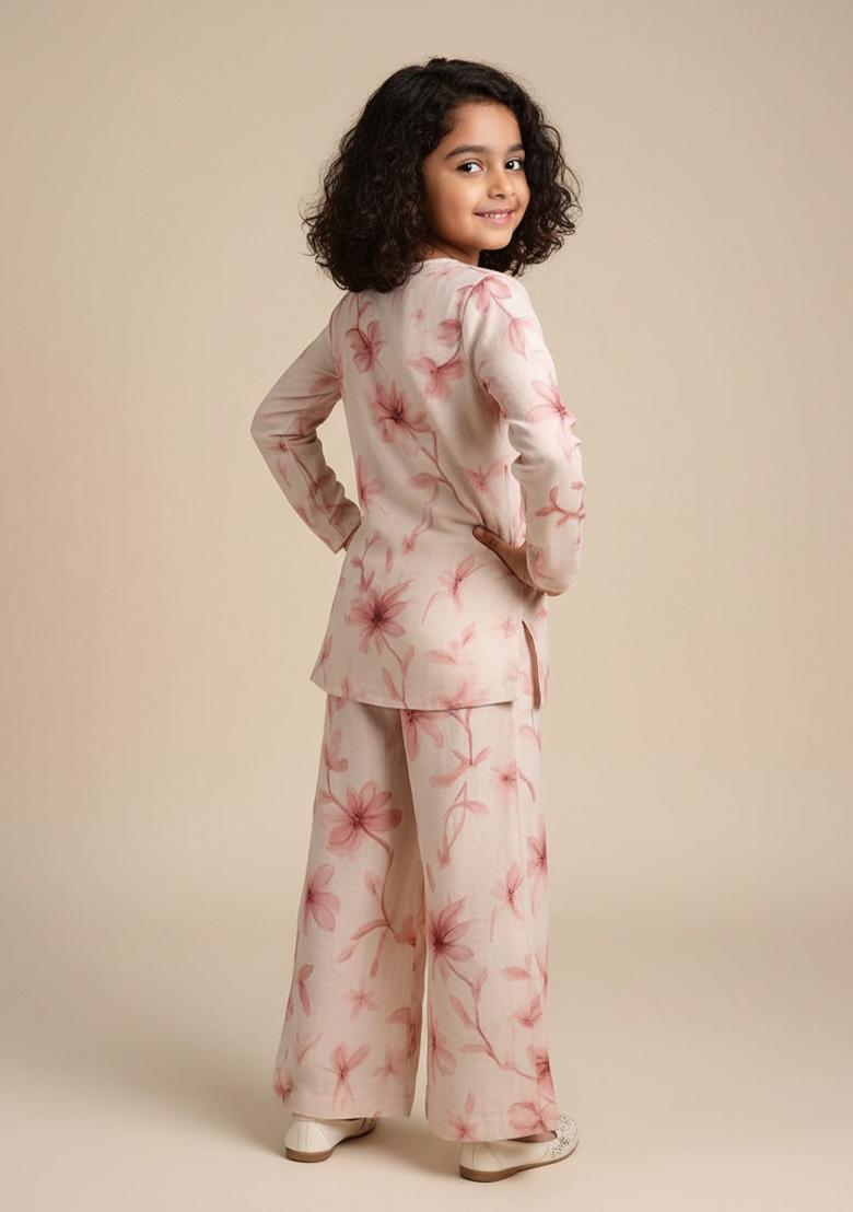 Girls Peach Floral Print Georgette Fusion Set - Indya