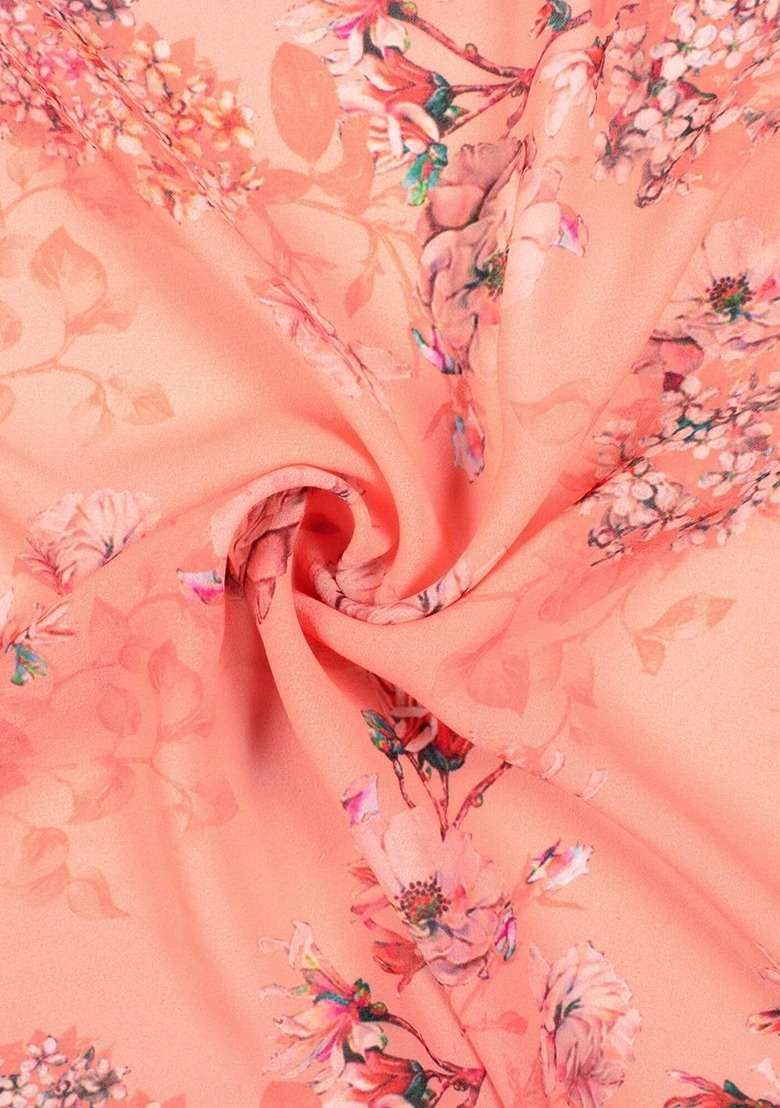 Girls Peach Floral Print Georgette Fusion Set - Indya